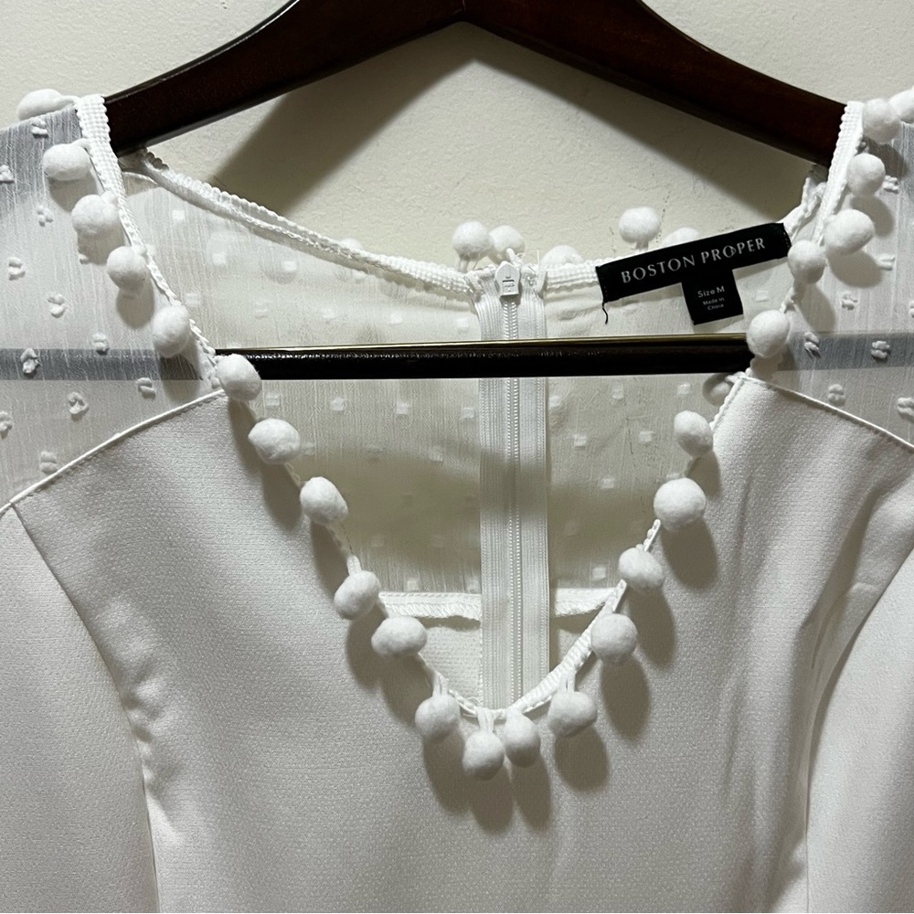 Boston Proper Long Sleeve Lace Pom Pom Dress White medium NWT - Picture 6 of 9